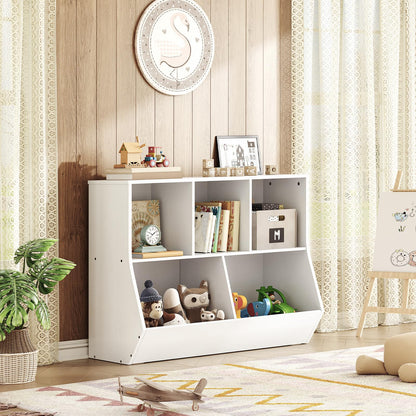 Low profile toddler bookcase holding stuffed teddy bears in a warm farmhouse style nursery room setting.