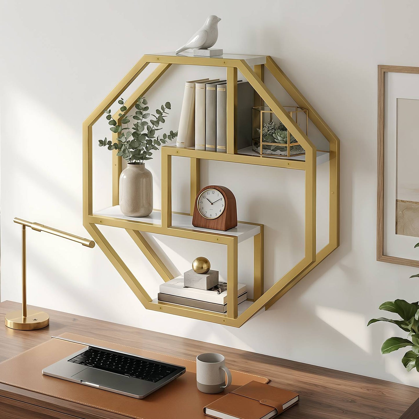 Gold octagon floating bookshelf installed above a writing desk in a home office setup.