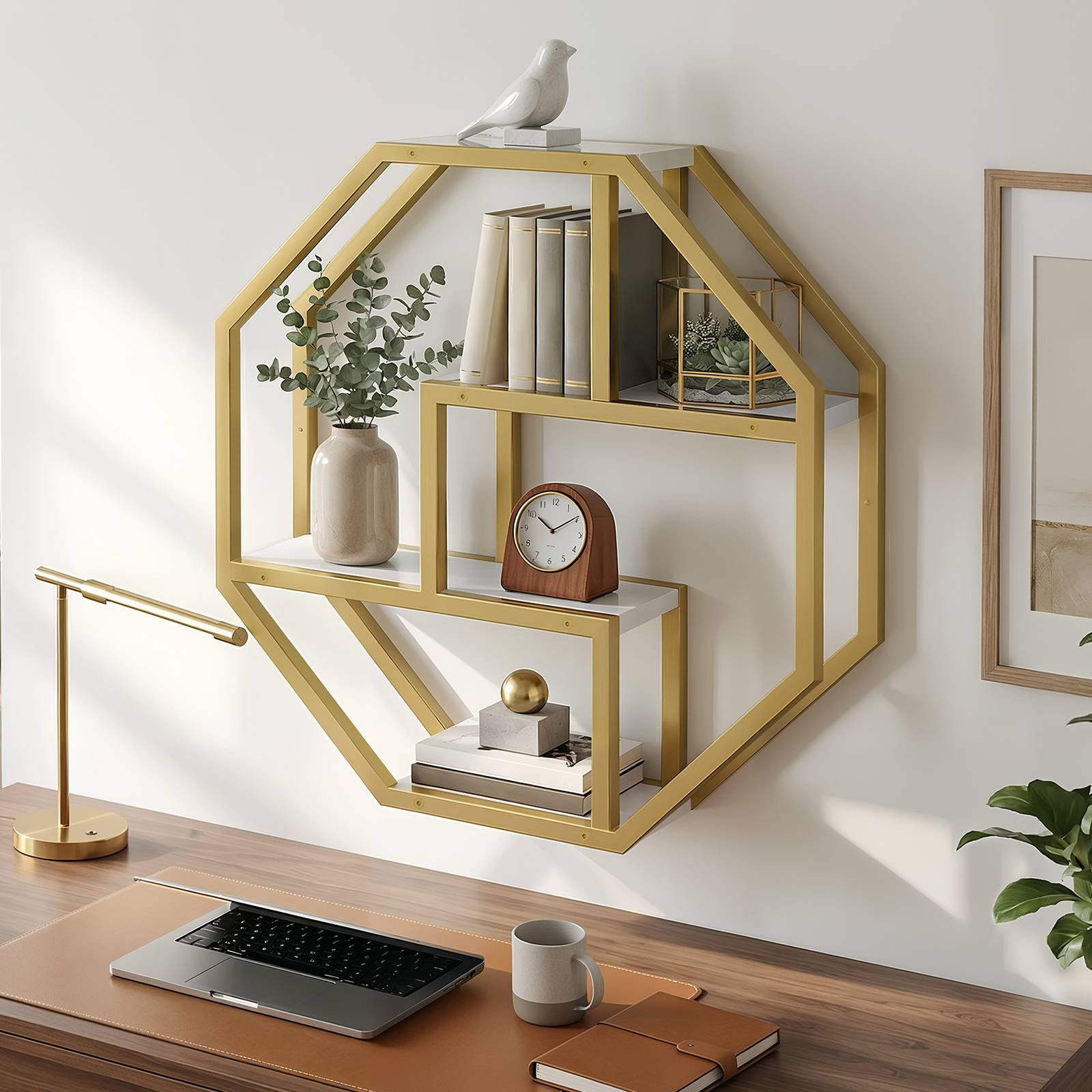 Gold octagon floating bookshelf installed above a writing desk in a home office setup.