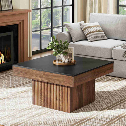 Luxury walnut wood coffee table placed onto a vintage rug near a living room fireplace and modern armchair.