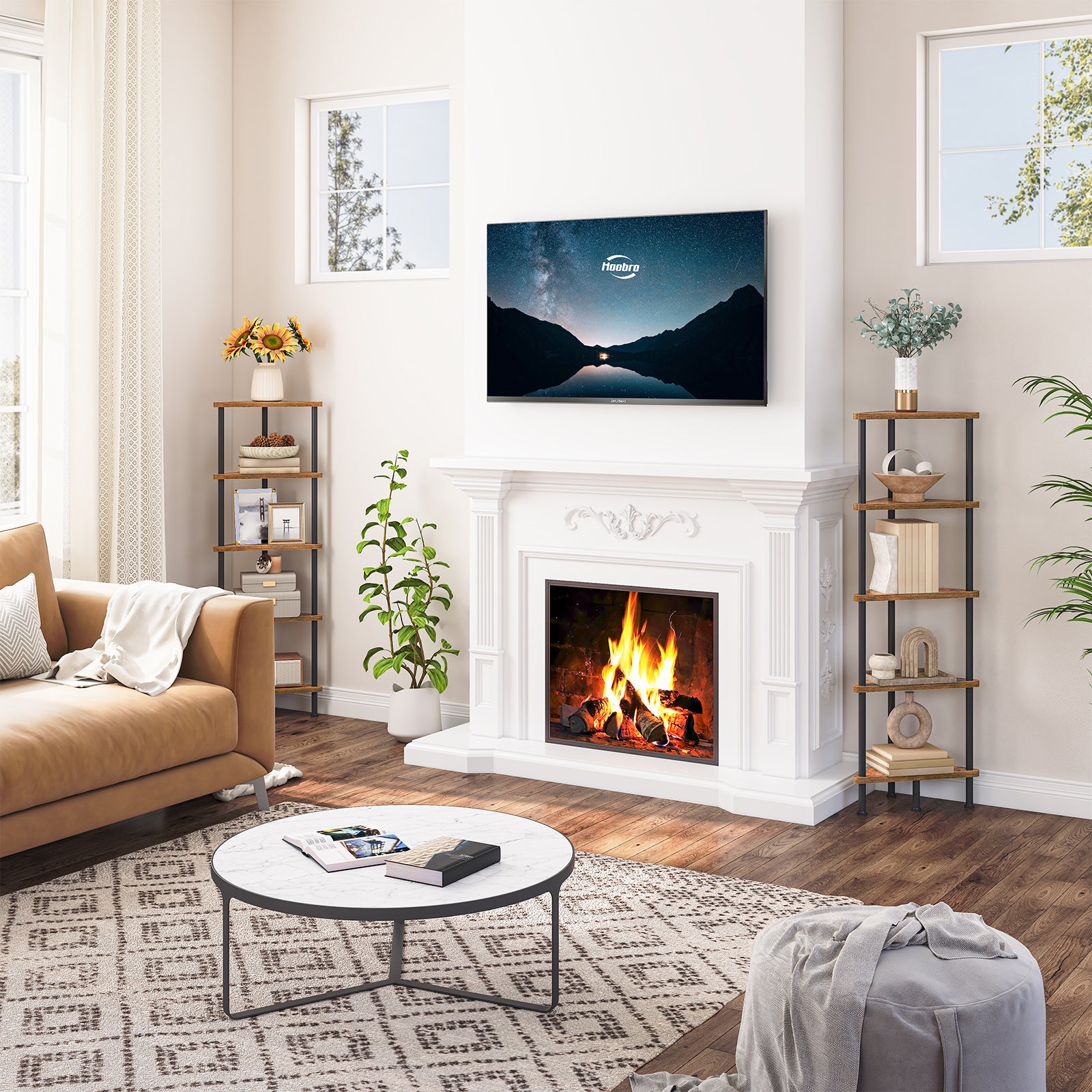 Symmetrical living room layout with a pair of matching corner shelves flanking a fireplace.
