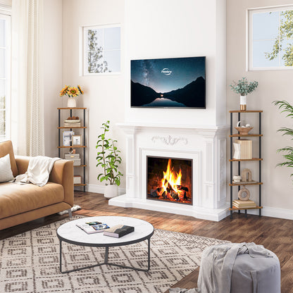 Symmetrical living room layout with a pair of matching corner shelves flanking a fireplace.