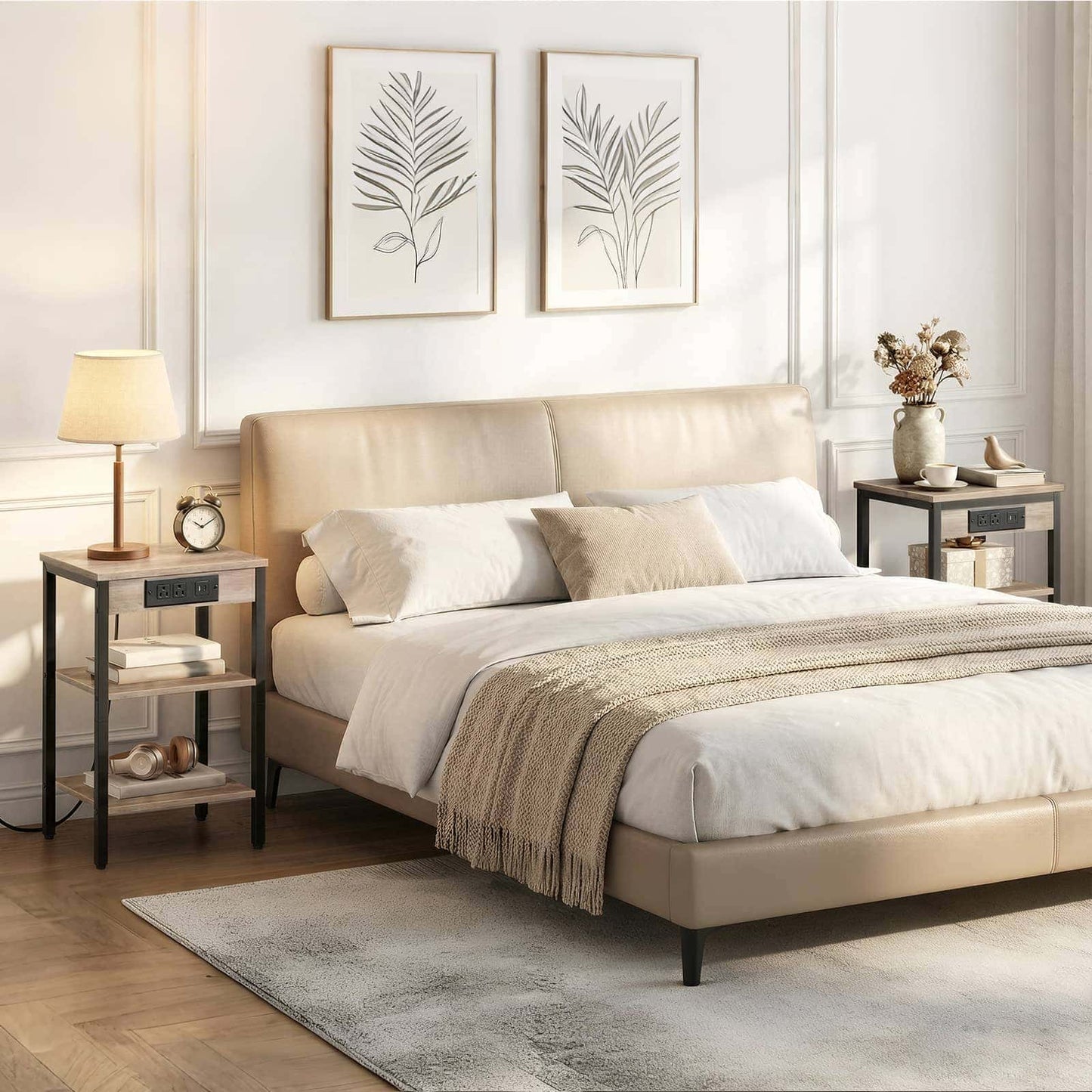 Modern master bedroom setup showcasing two matching greige nightstands on either side of the bed.