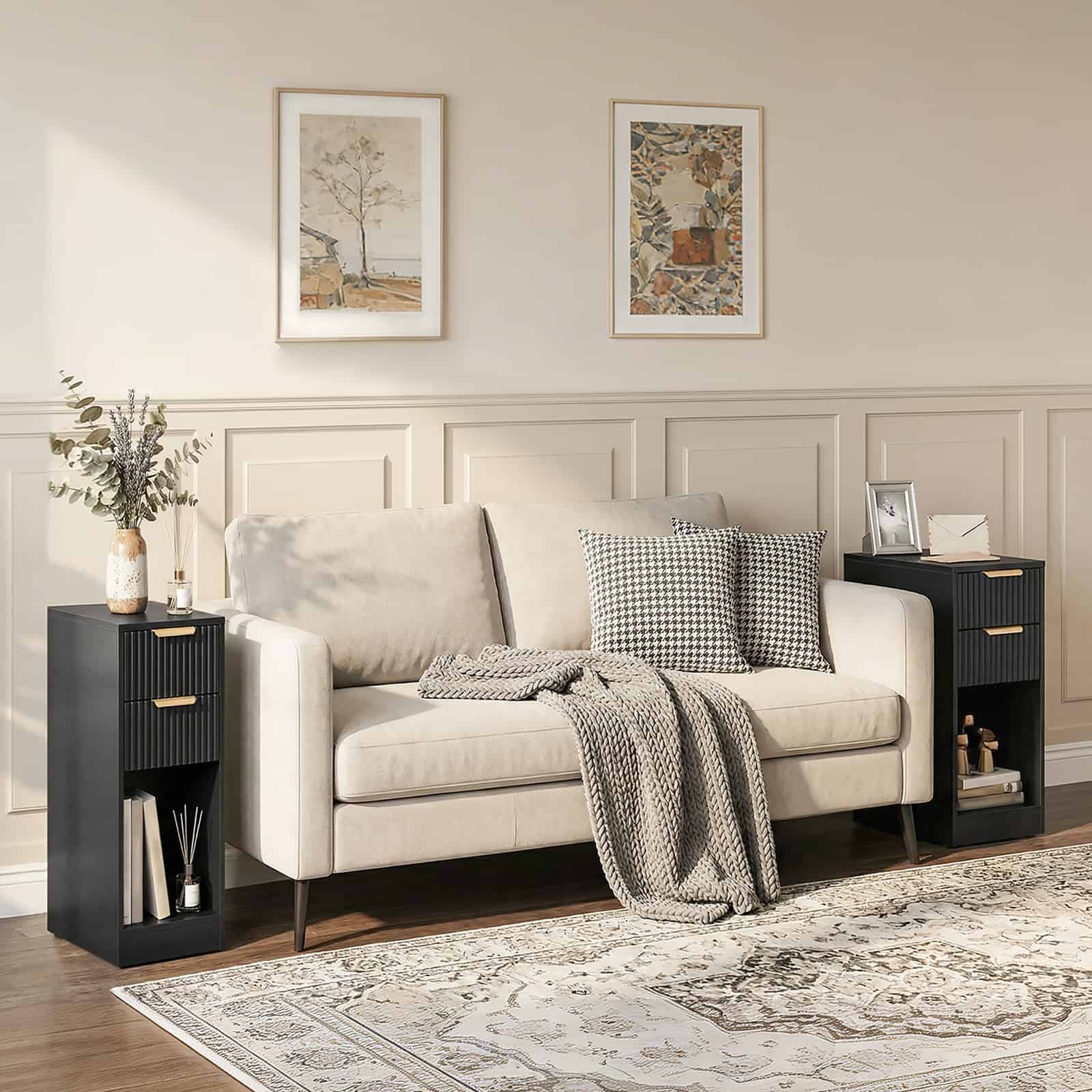 Full bedroom scene showing a matching pair of slim black fluted nightstands framing a luxury queen-size bed.
