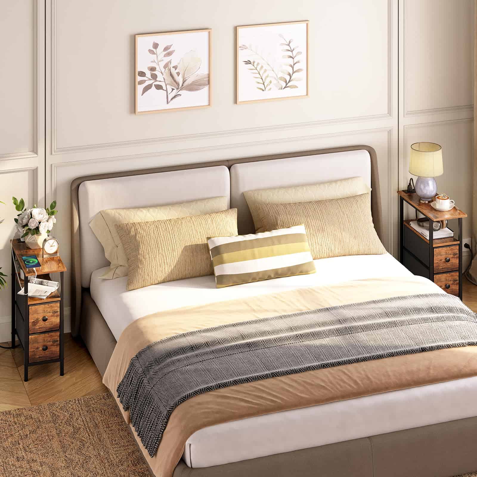 Beautifully lit bedroom showcasing a matching set of two slim industrial bedside tables placed symmetrically on both sides of a queen bed.