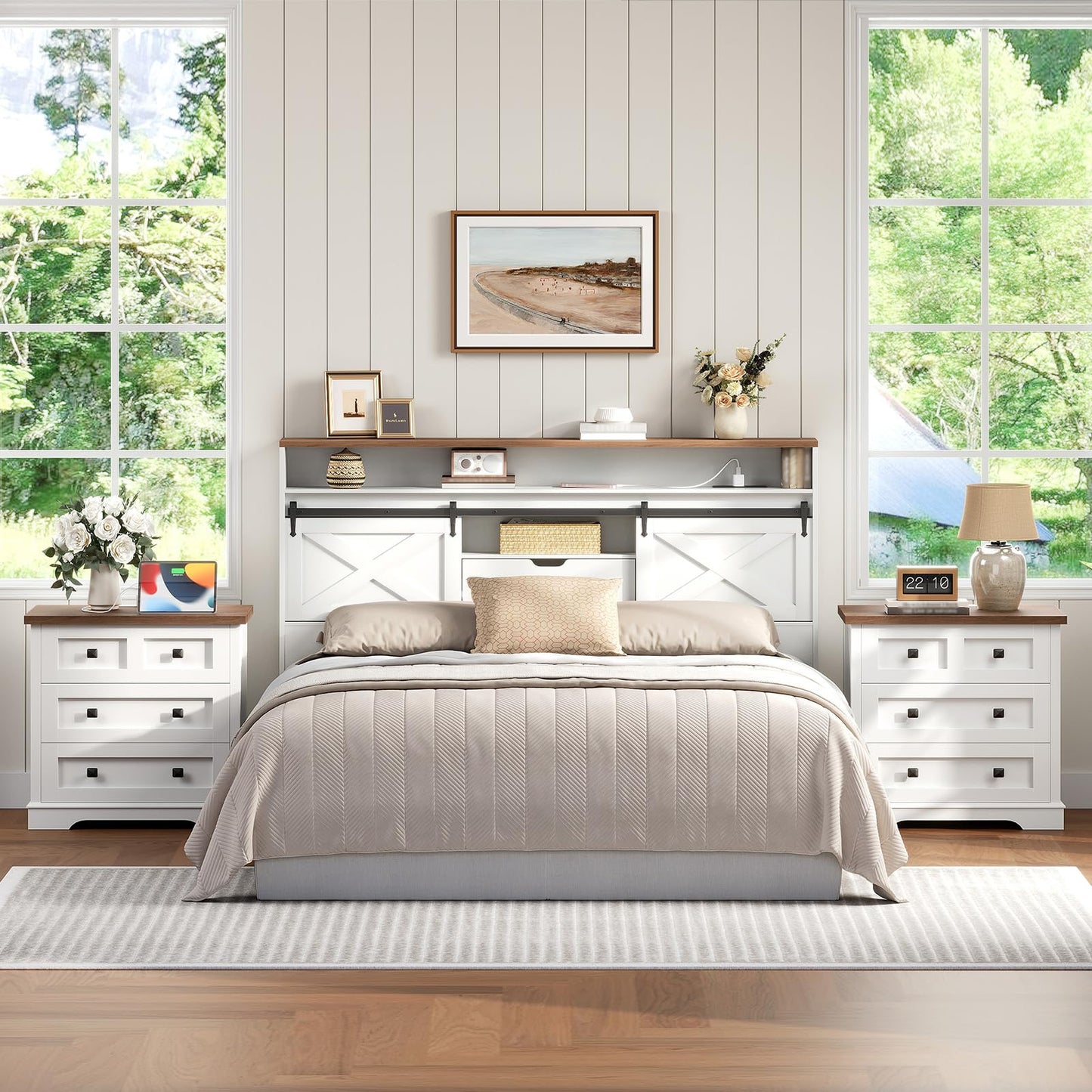 Symmetrical master bedroom layout featuring a pair of matching two-tone farmhouse nightstands flanking the bed.