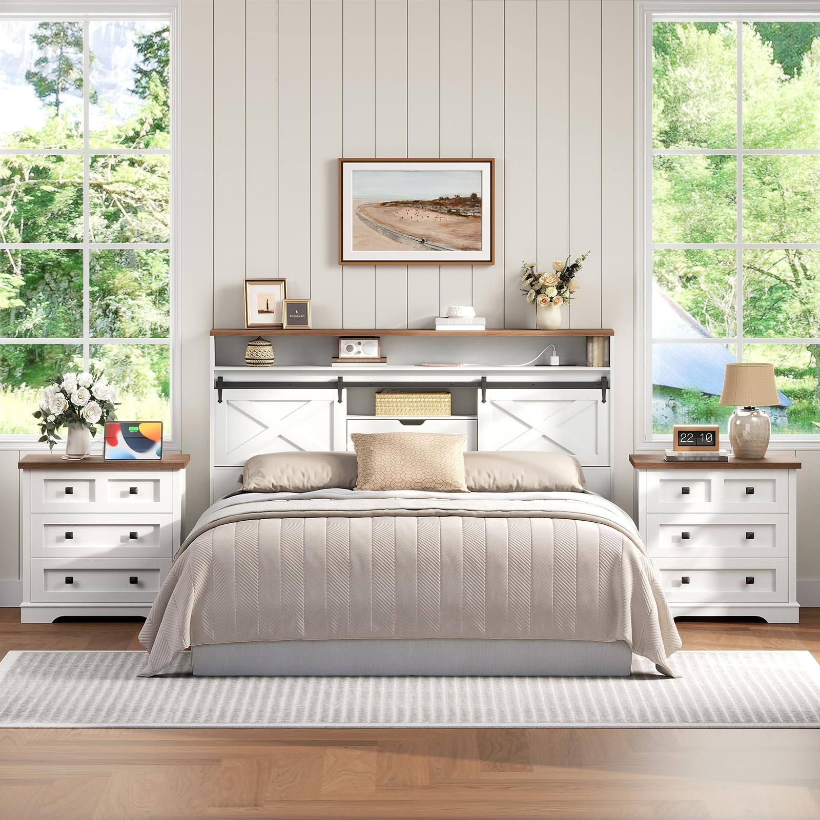 Symmetrical master bedroom layout featuring a pair of matching two-tone farmhouse nightstands flanking the bed.
