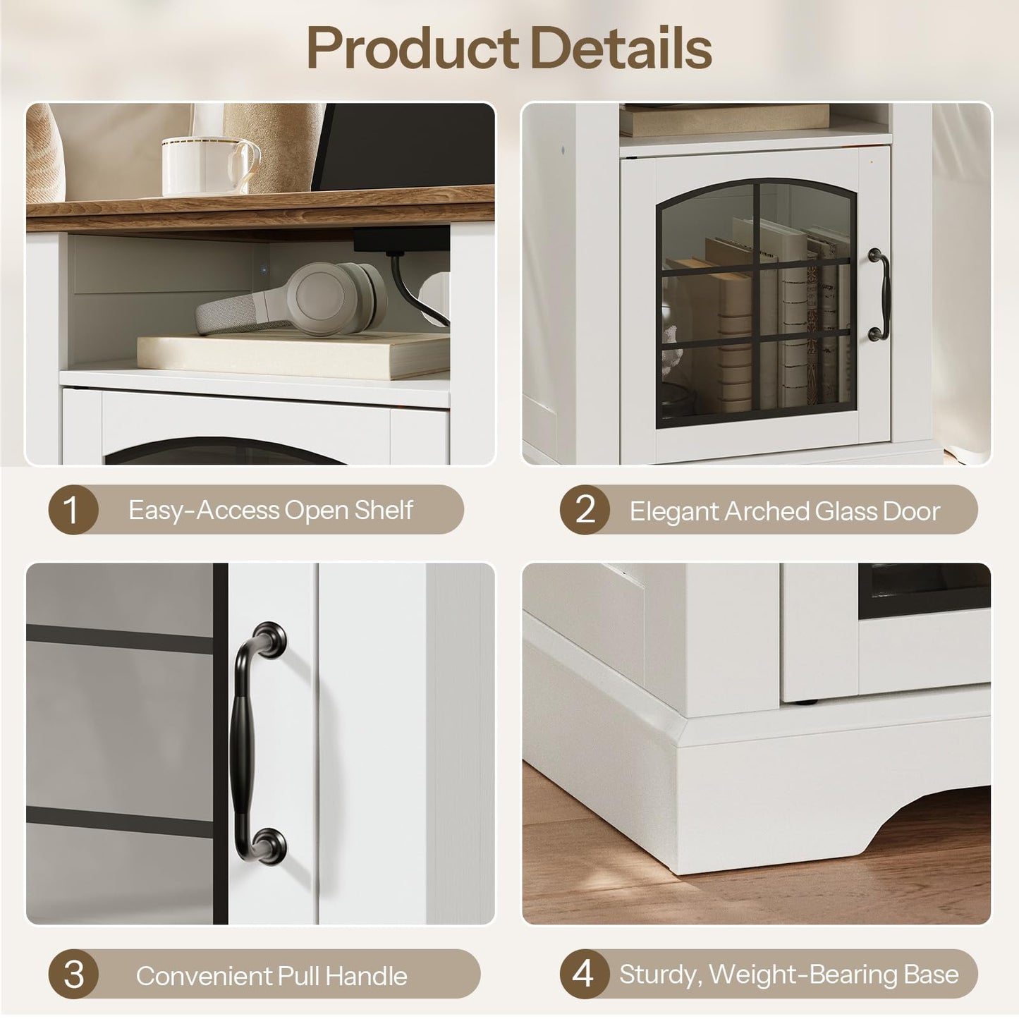 Product details of a cabinet with open shelf, arched glass door, pull handle, and weight-bearing base.