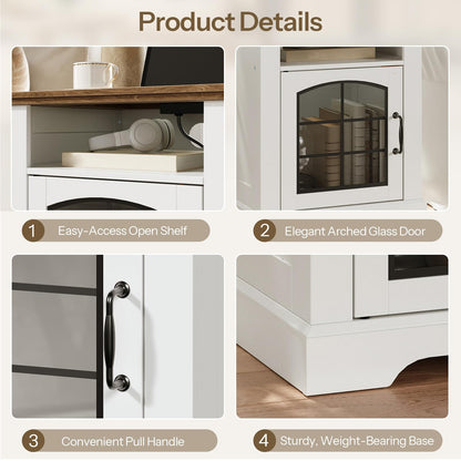 Product details of a cabinet with open shelf, arched glass door, pull handle, and weight-bearing base.