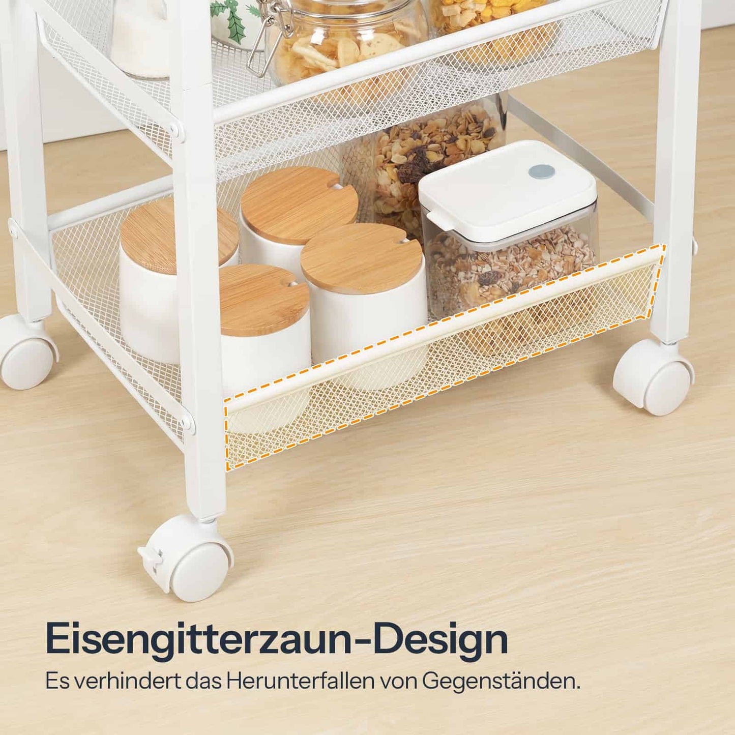  Close-up of the breathable white mesh wire basket shelf holding food storage containers securely with protective edges.