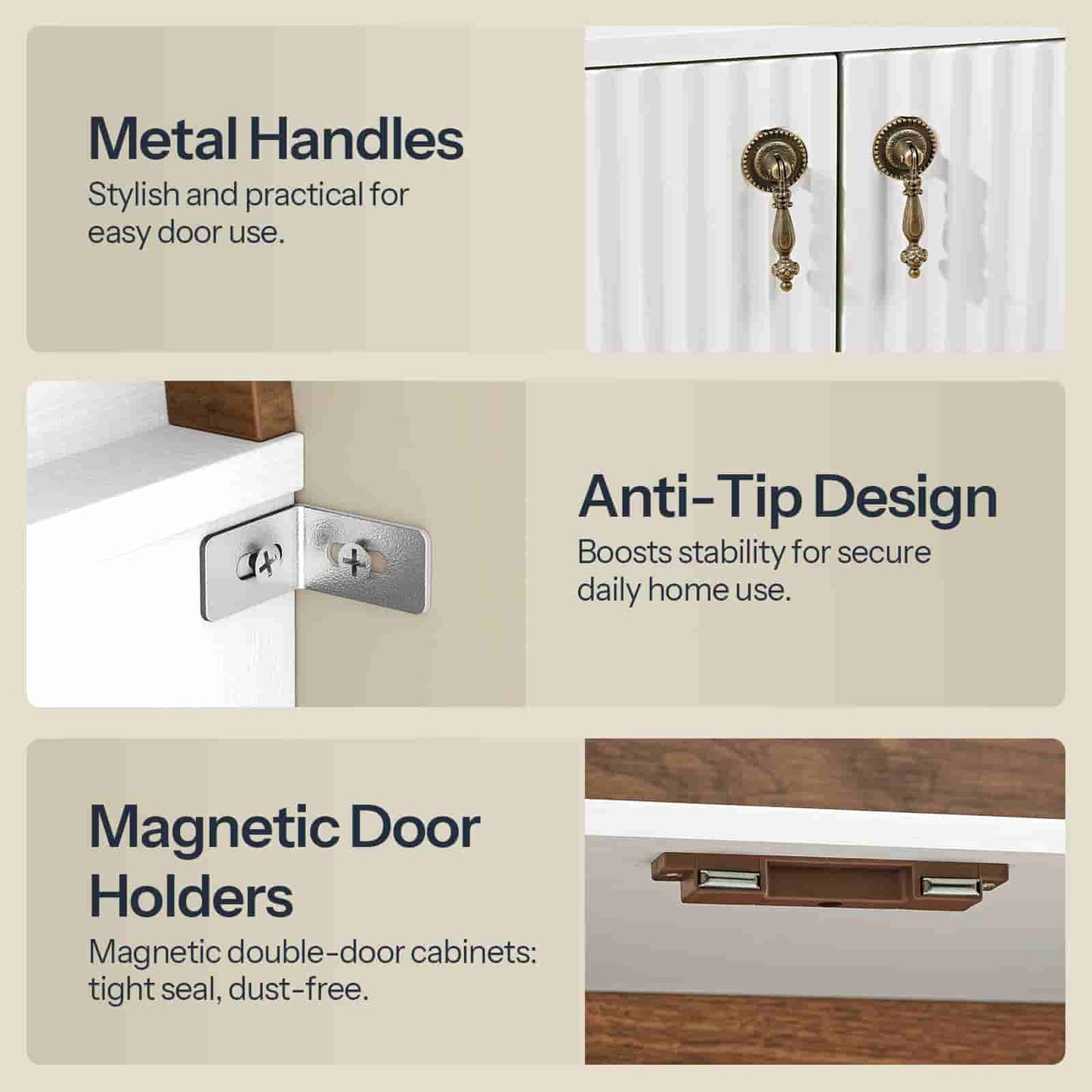 Multi-panel detail view showcasing vintage metal handles, magnetic door catches, and the safety anti-tipping wall mount.