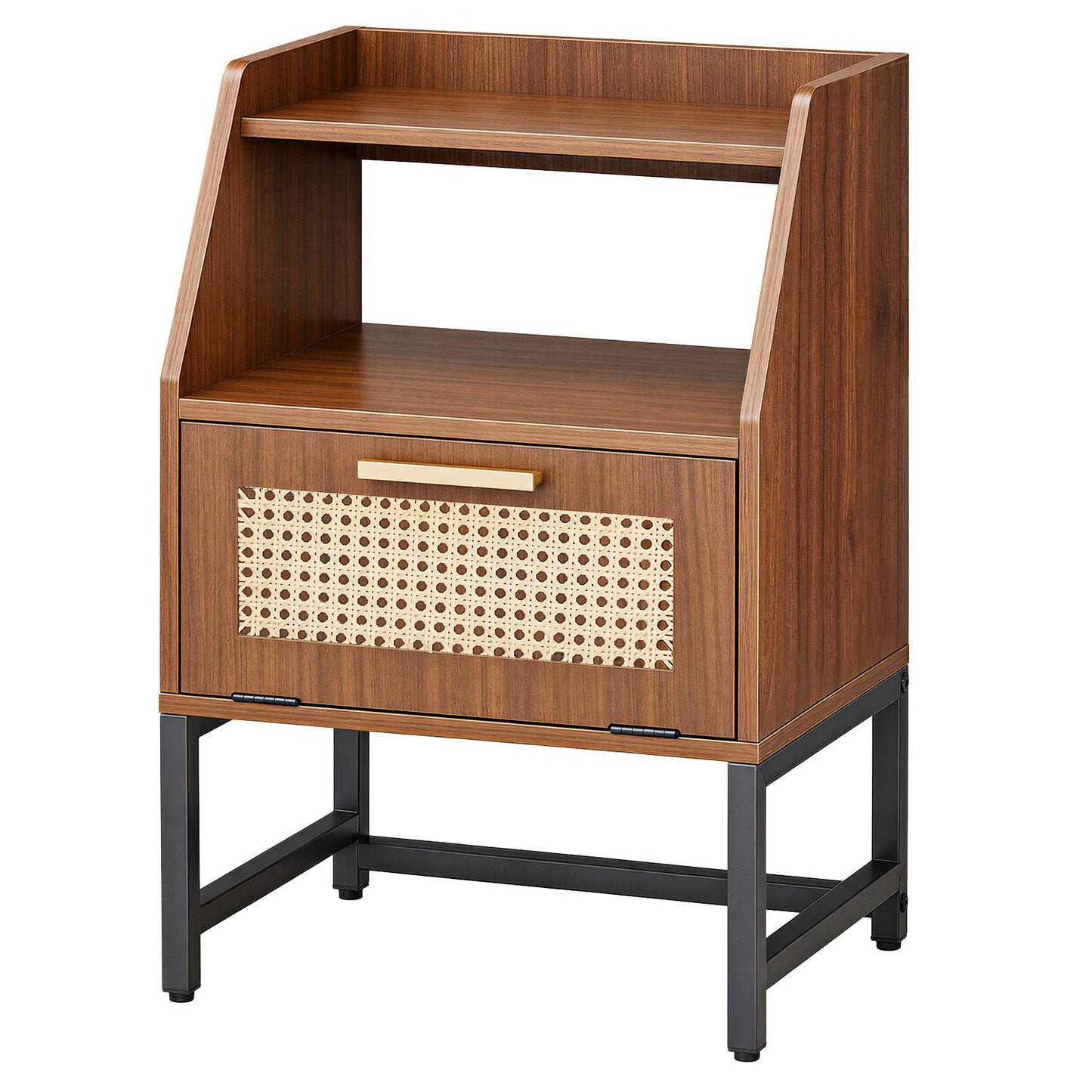 Isolated front view of the empty mid-century modern side table showcasing the closed rattan-style door panel.