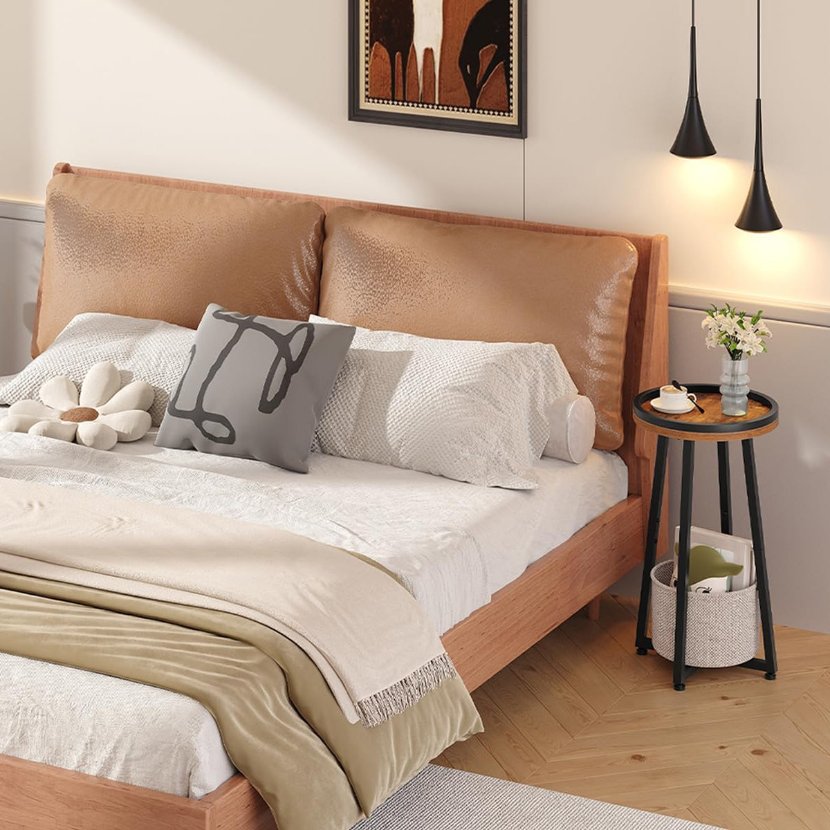 Minimalist bedroom nightstand with a rustic brown top and black frame standing stably next to a double bed frame.