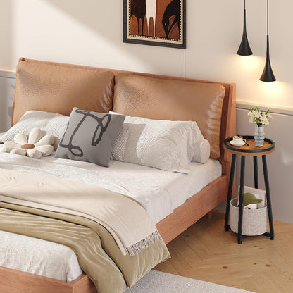 Minimalist bedroom nightstand with a rustic brown top and black frame standing stably next to a double bed frame.
