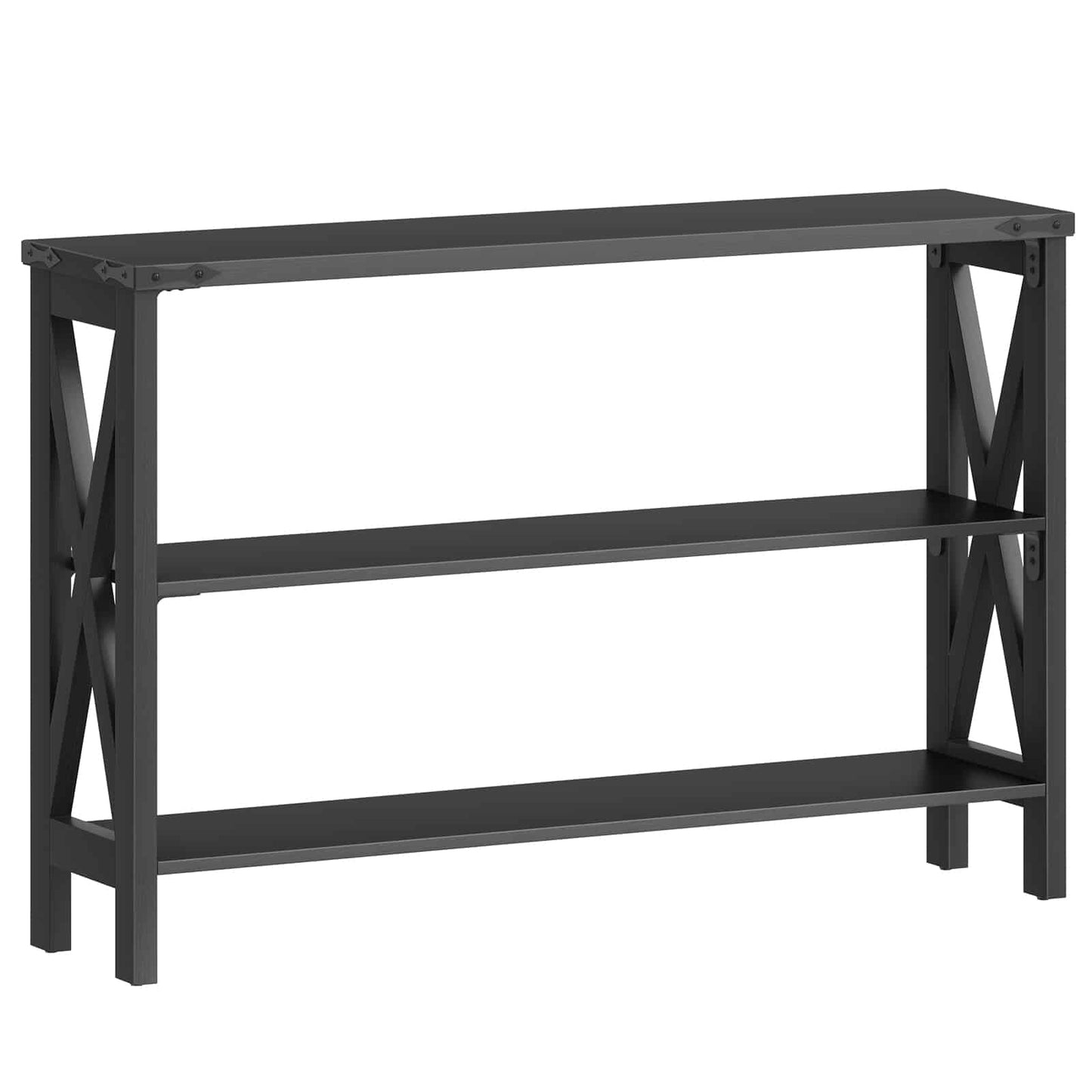 Studio clean white background shot of the empty 3-tier black industrial console table frame.