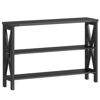 Studio clean white background shot of the empty 3-tier black industrial console table frame.