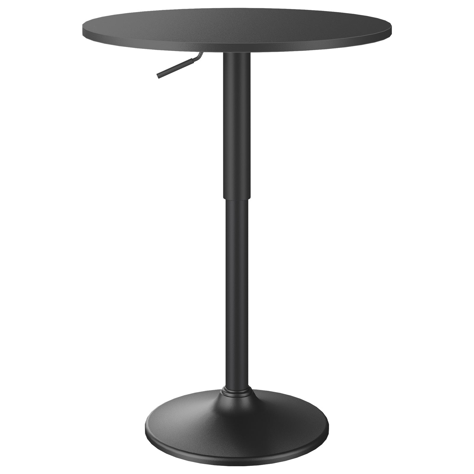 Minimalist black cocktail bar table standing stably on a white background showing full industrial aesthetics.