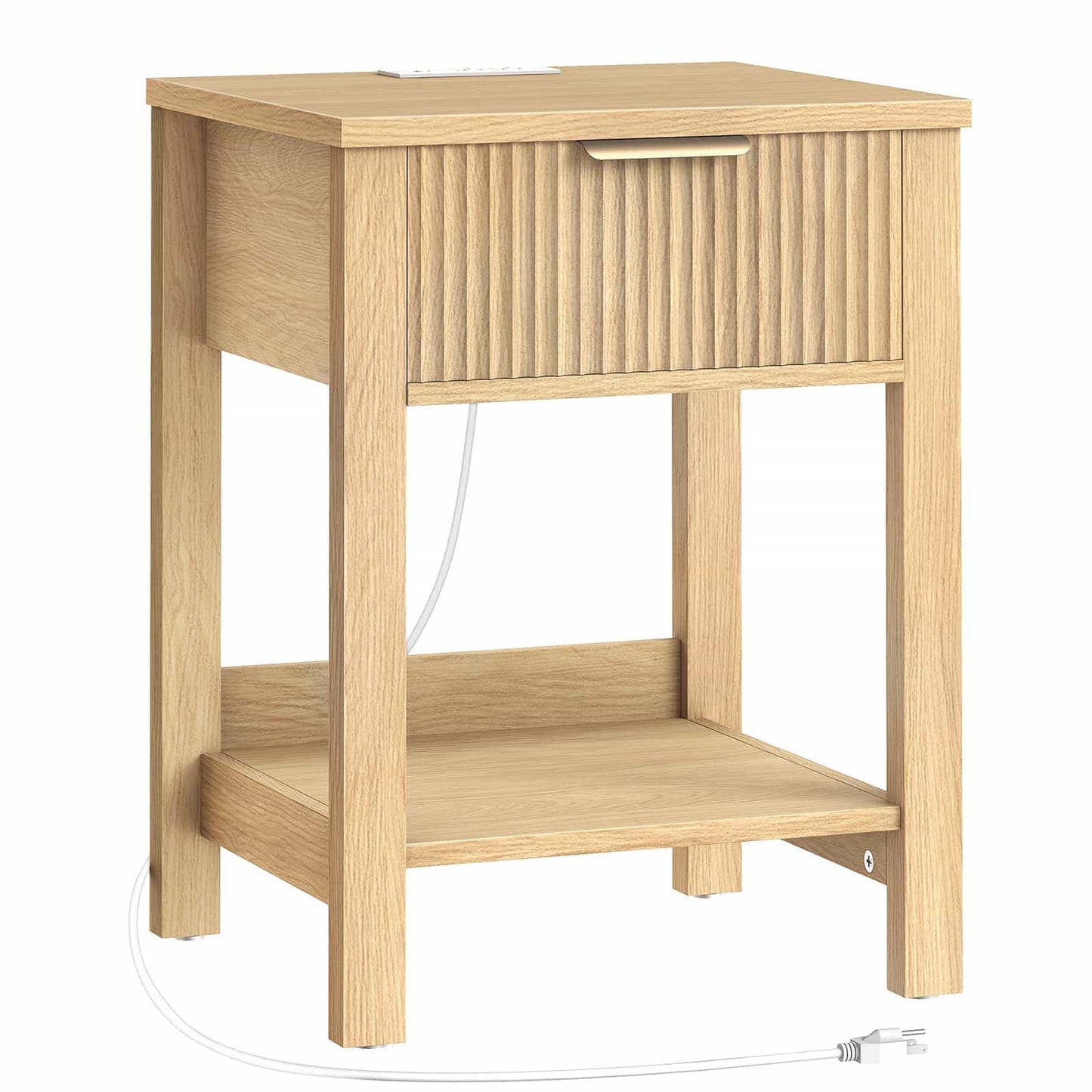 Wooden nightstand with a drawer and open shelf on a white background
