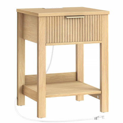 Wooden nightstand with a drawer and open shelf on a white background