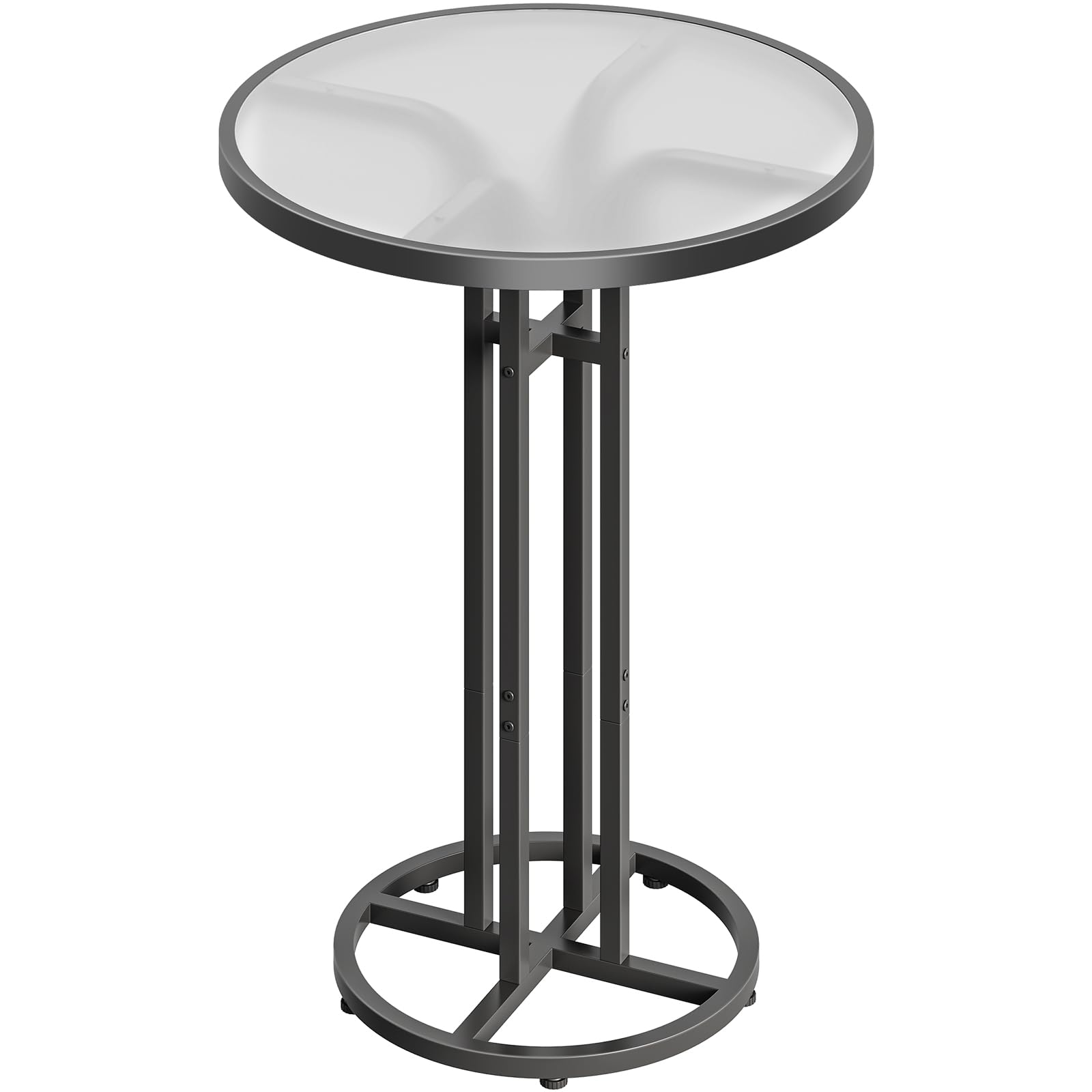 Minimalist round glass cocktail table standing stably on a white background showing modern steel framework.