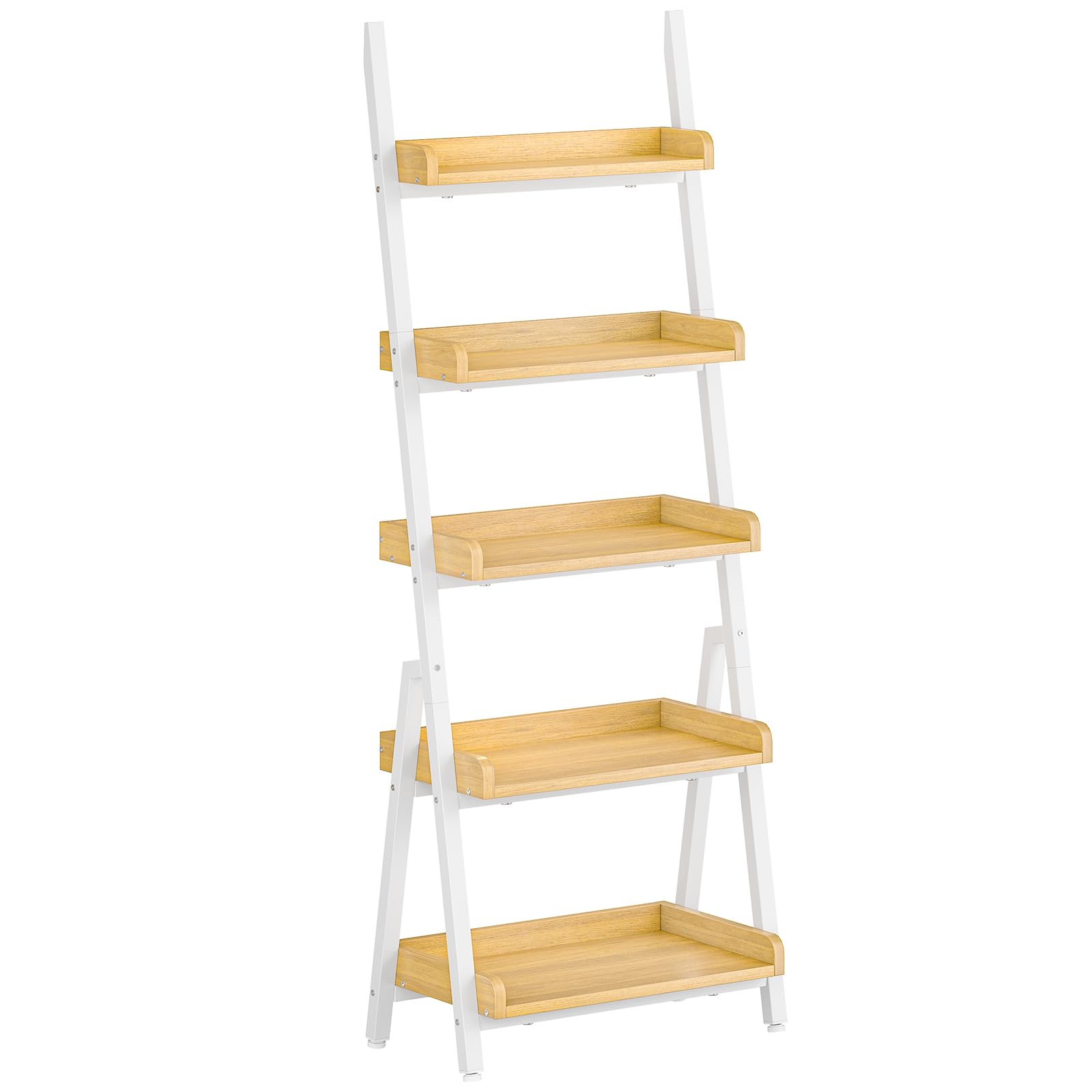 Ladder-style shelf with wooden shelves and white frame on a white background