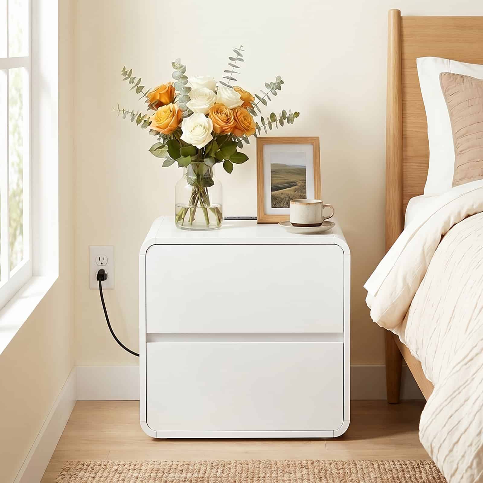 White nightstand with a vase of flowers and a mug next to a bed.