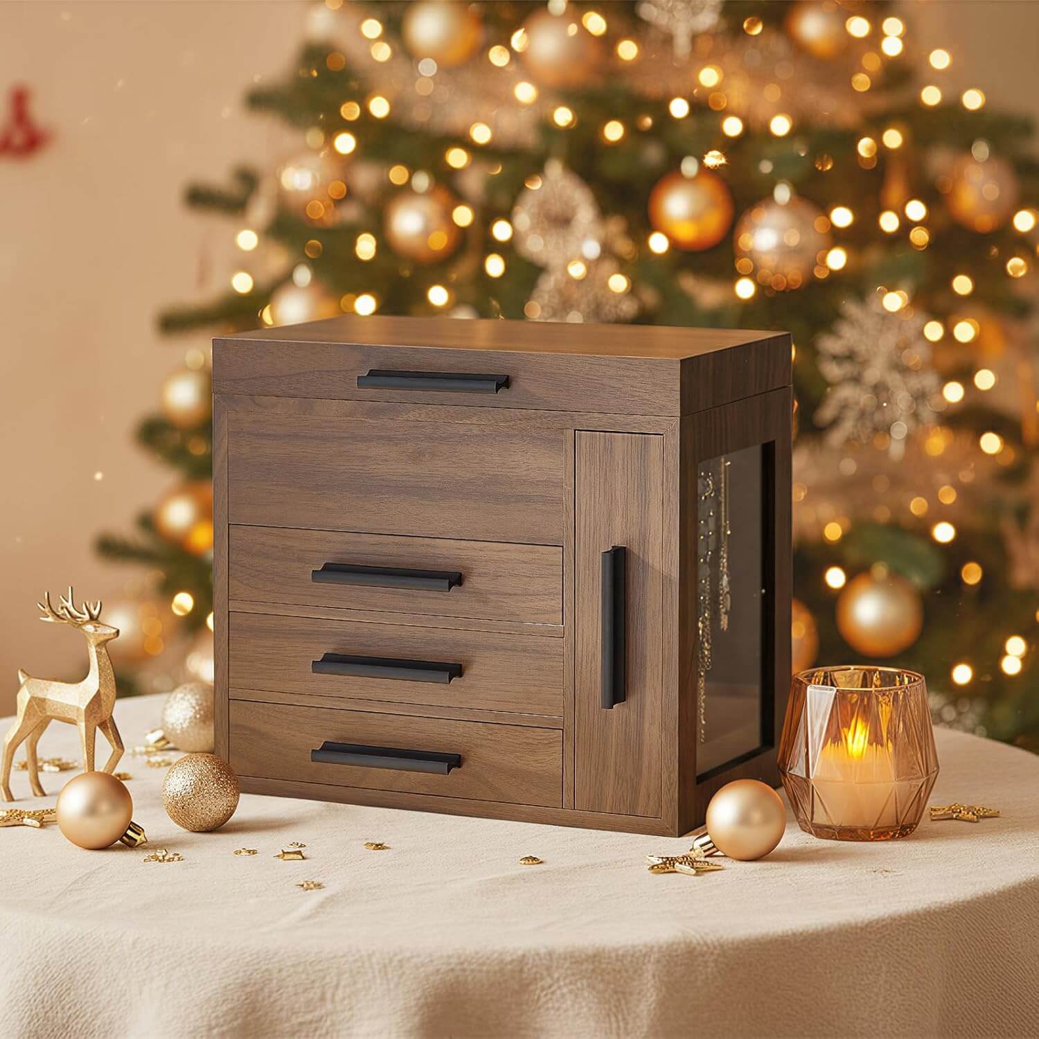 Wooden jewelry box on a table with Christmas decorations and a tree in the background