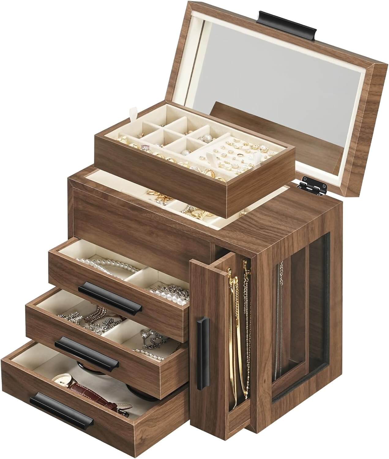 Wooden jewelry box with multiple compartments and drawers on a white background