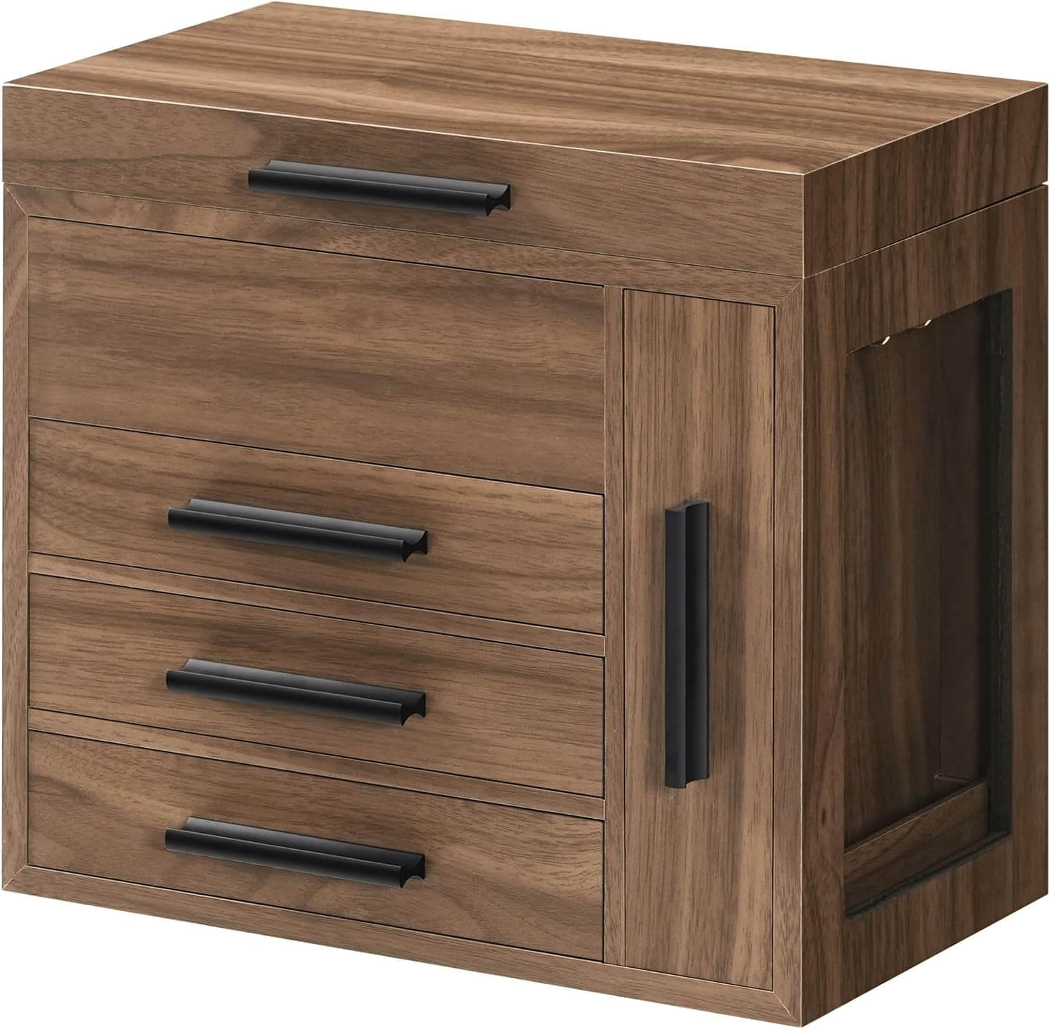 Wooden cabinet with drawers and a door on a white background