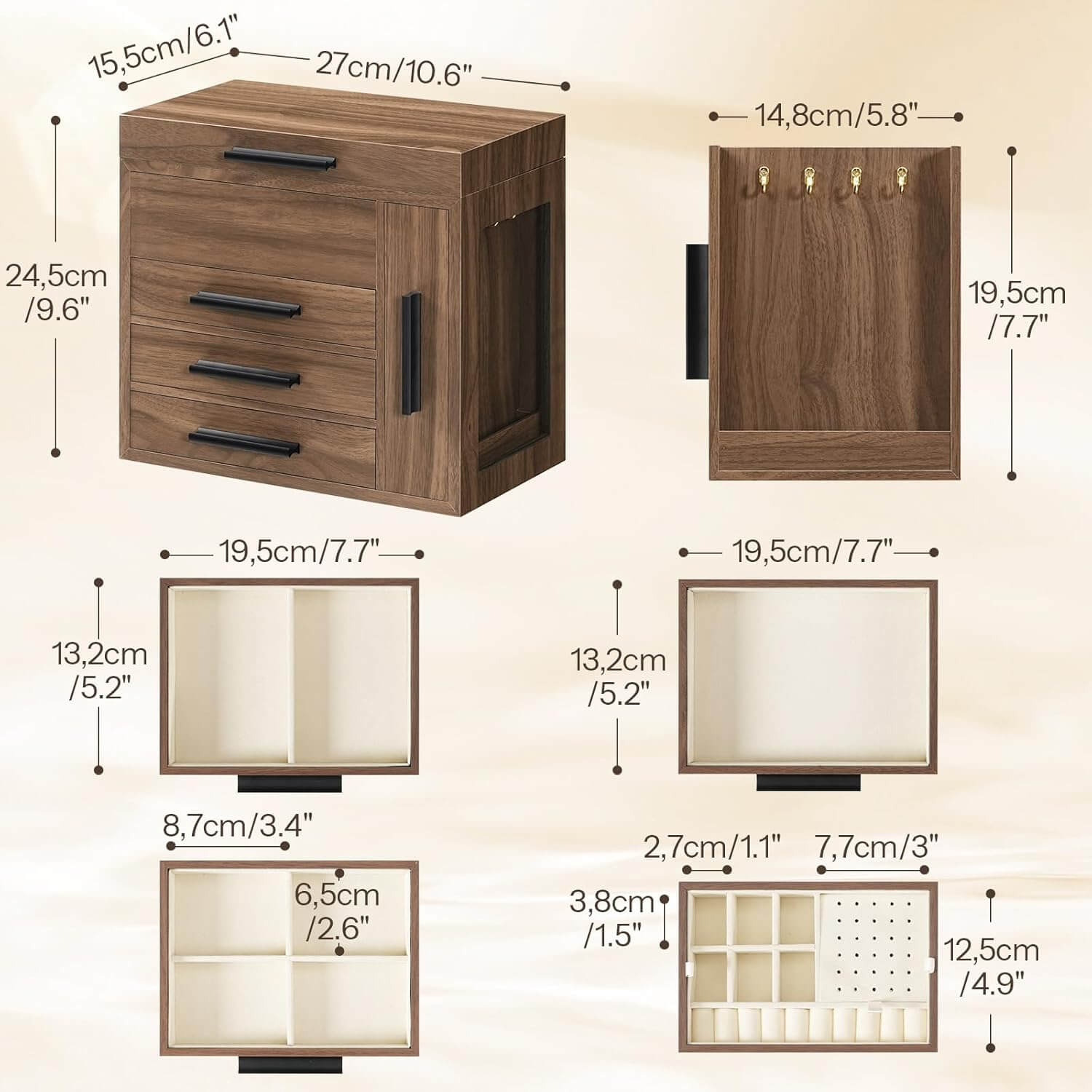 Wooden cabinet with dimensions labeled on a beige background
