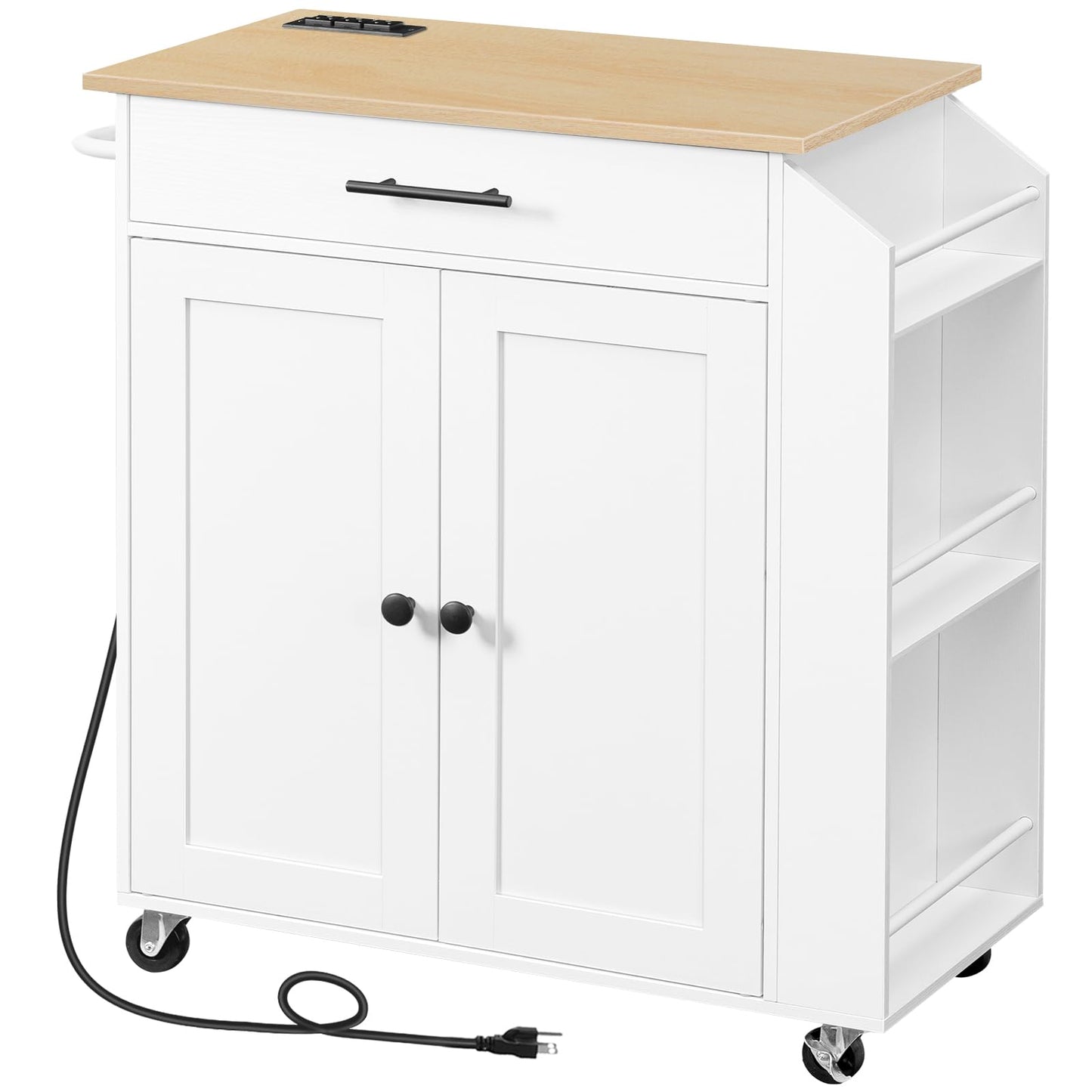 White kitchen island cart with wooden top on a white background