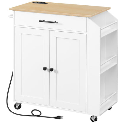 White kitchen island cart with wooden top on a white background