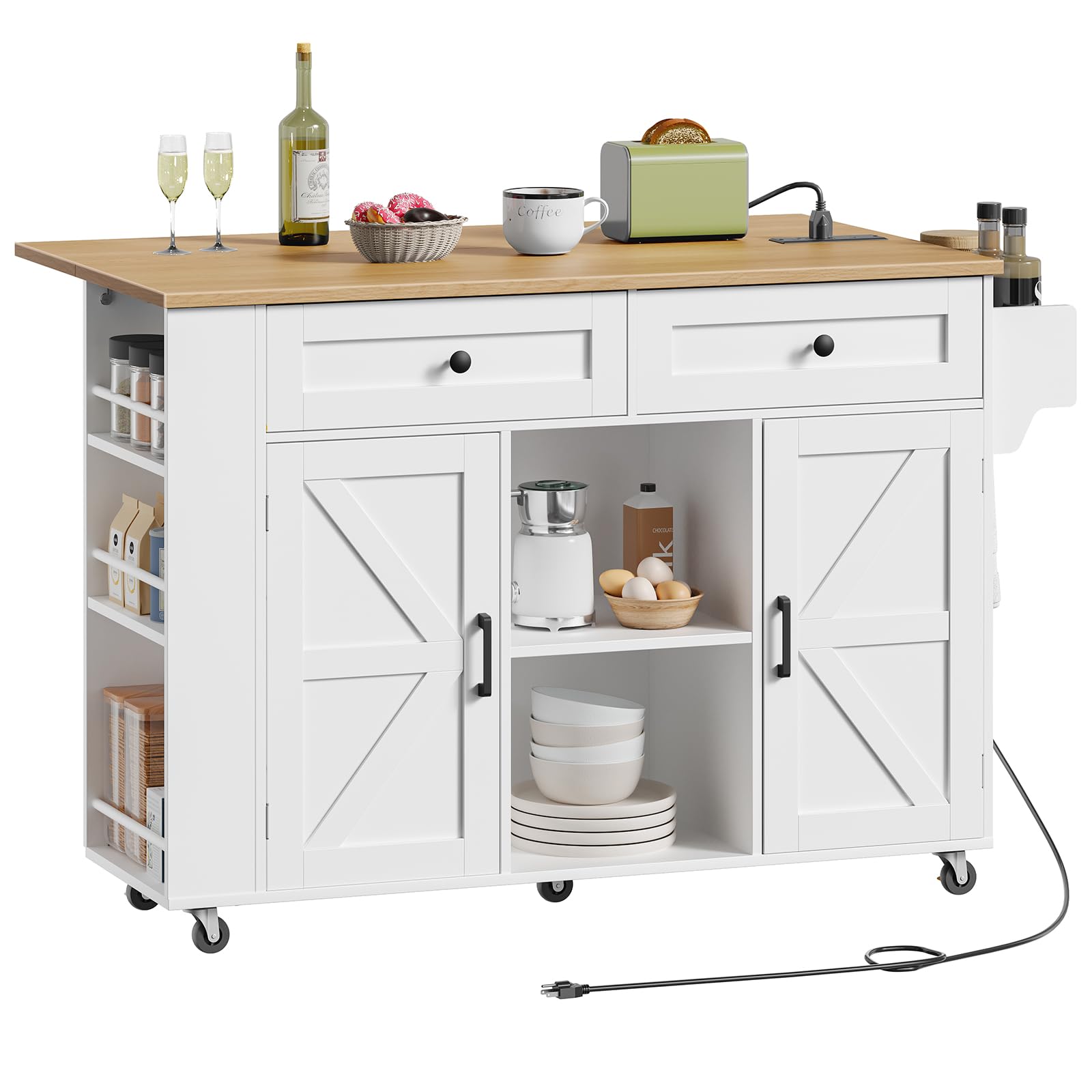 Mobile kitchen island table with an expanded wood top holding a toaster and wine glasses with charging cord visible.