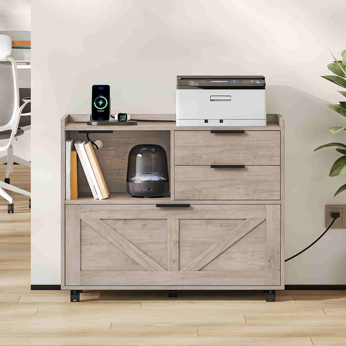  Front view of the mobile office storage cabinet with a printer and office supplies in a modern workspace.