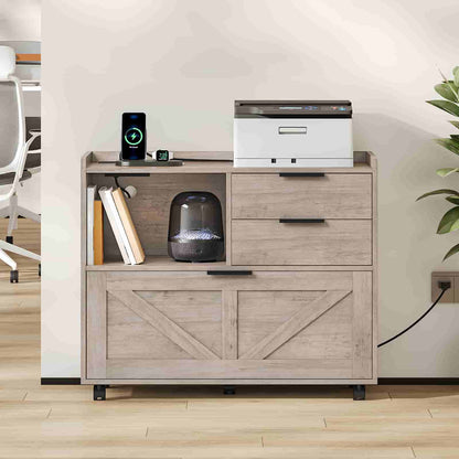  Front view of the mobile office storage cabinet with a printer and office supplies in a modern workspace.