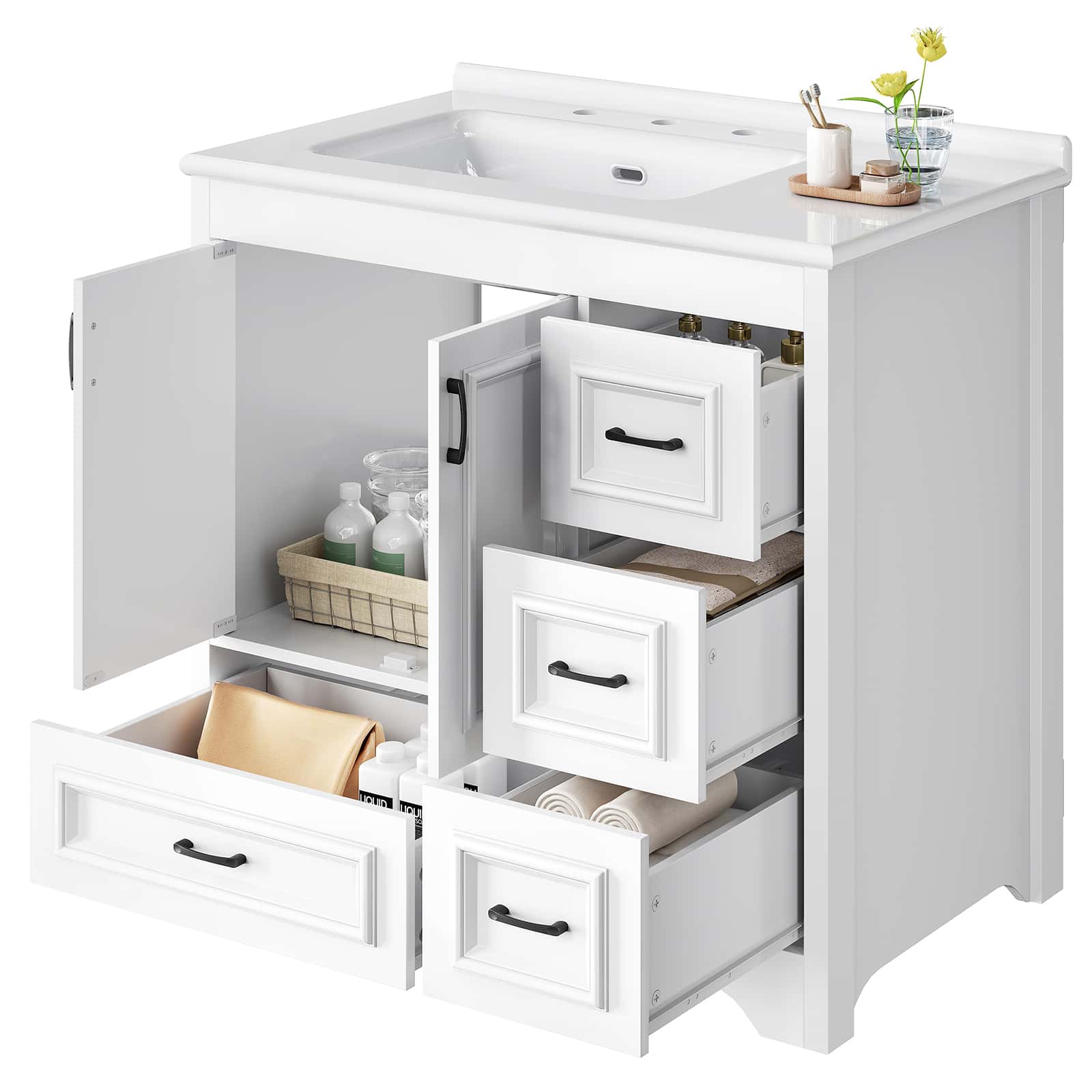 White bathroom vanity cabinet with a white sink countertop, shown with multiple drawers open to reveal storage compartments. The cabinet is photographed on a clean white background with small decorative bathroom items placed on top.