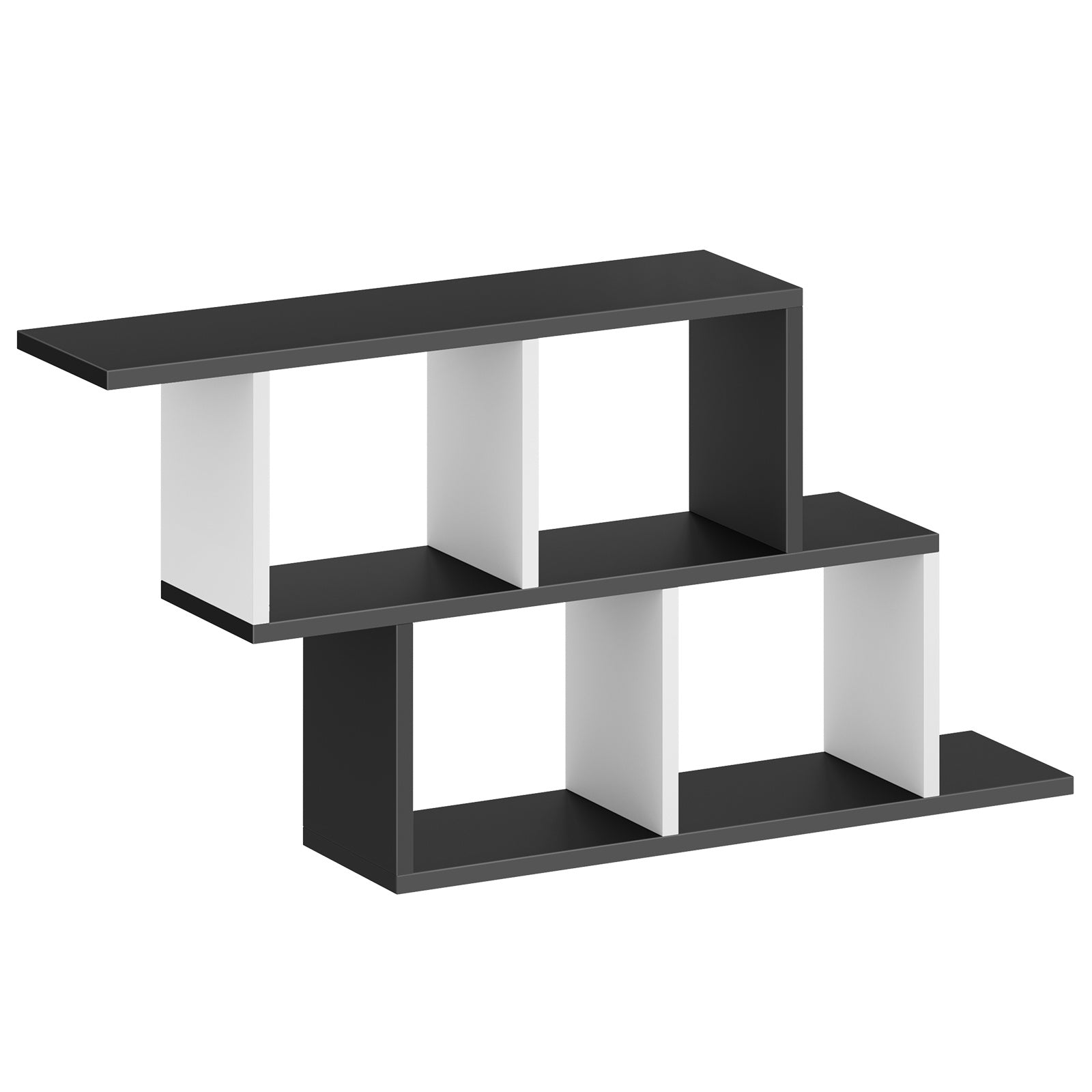 Modern black and white geometric floating wall shelf with an asymmetrical multi-tier design, shown on a plain white background.