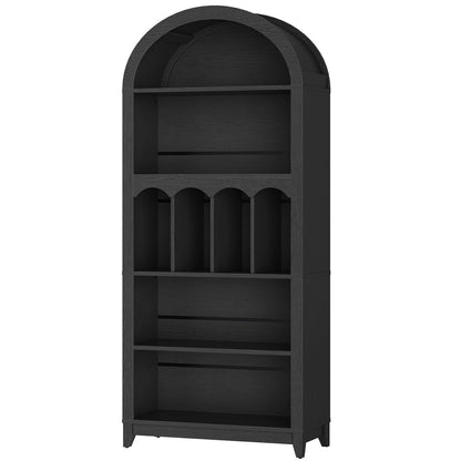 Studio clean white background front shot of an empty minimalist black arched bookcase with unique middle pillars