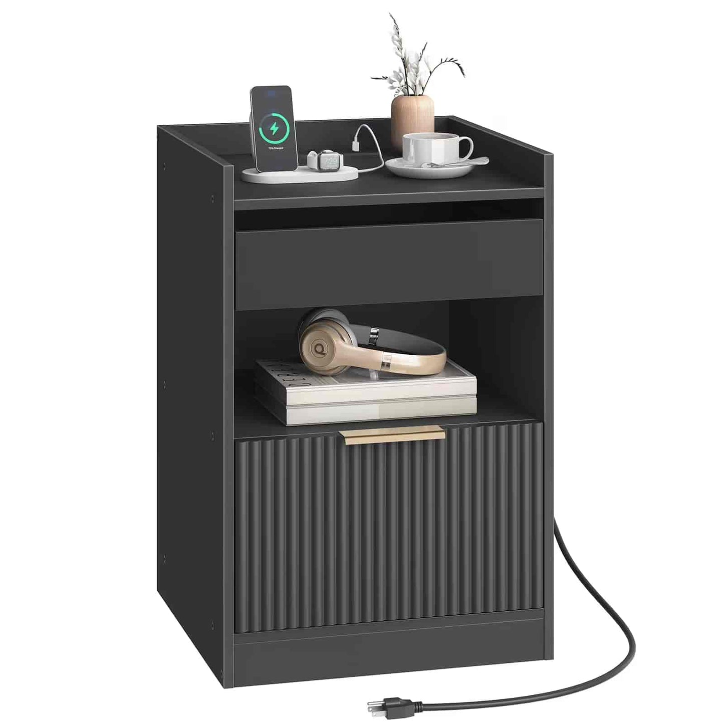 Black nightstand with charging station and storage compartments on a white background