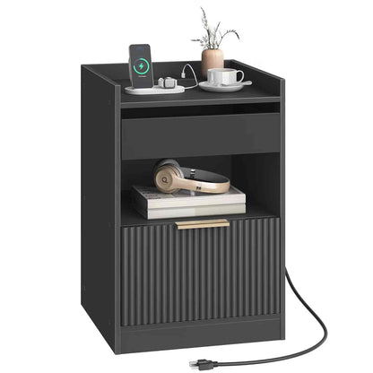 Black nightstand with charging station and storage compartments on a white background