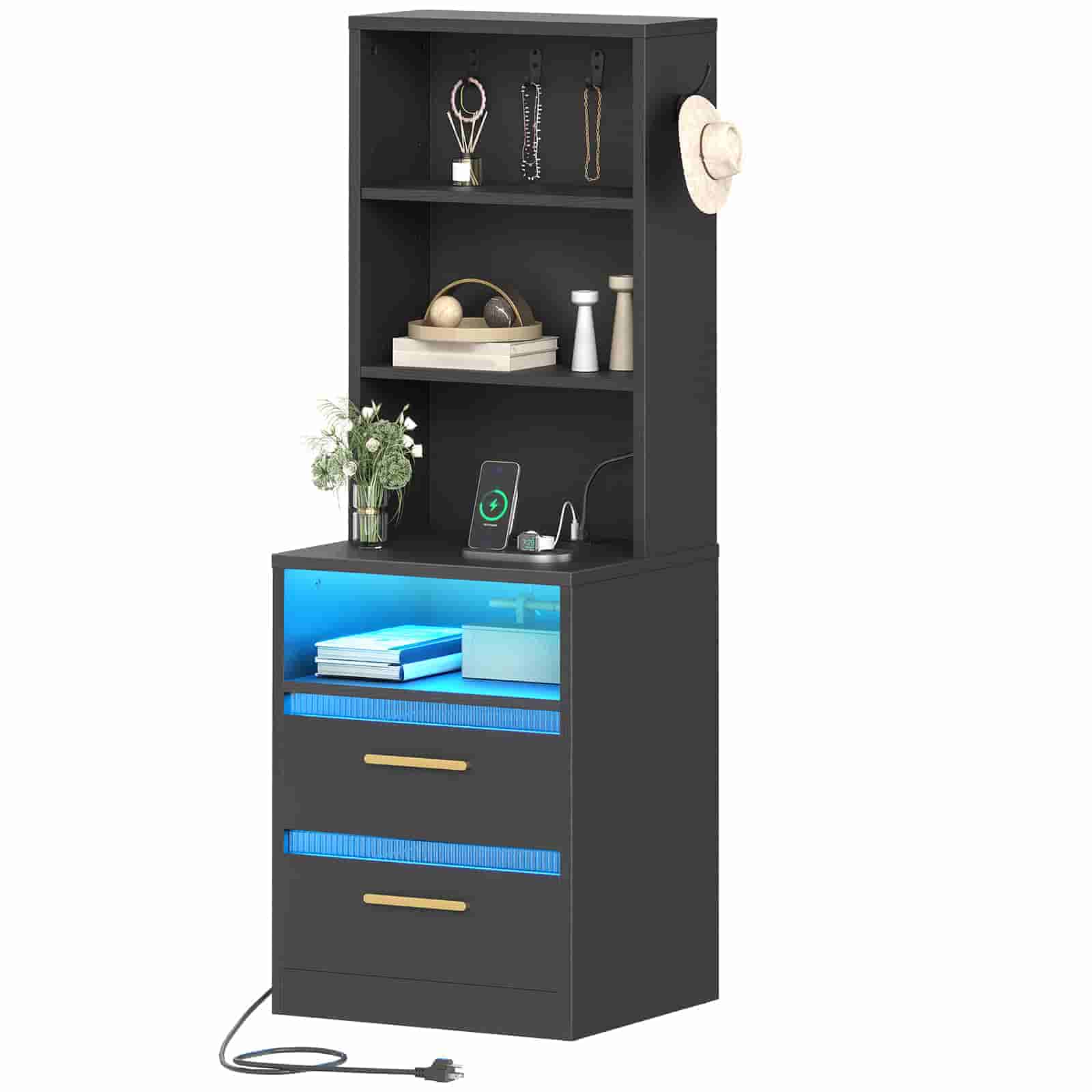 Studio shot of a black tall bedside table featuring a side hook holding a hat and an open hutch for storage.