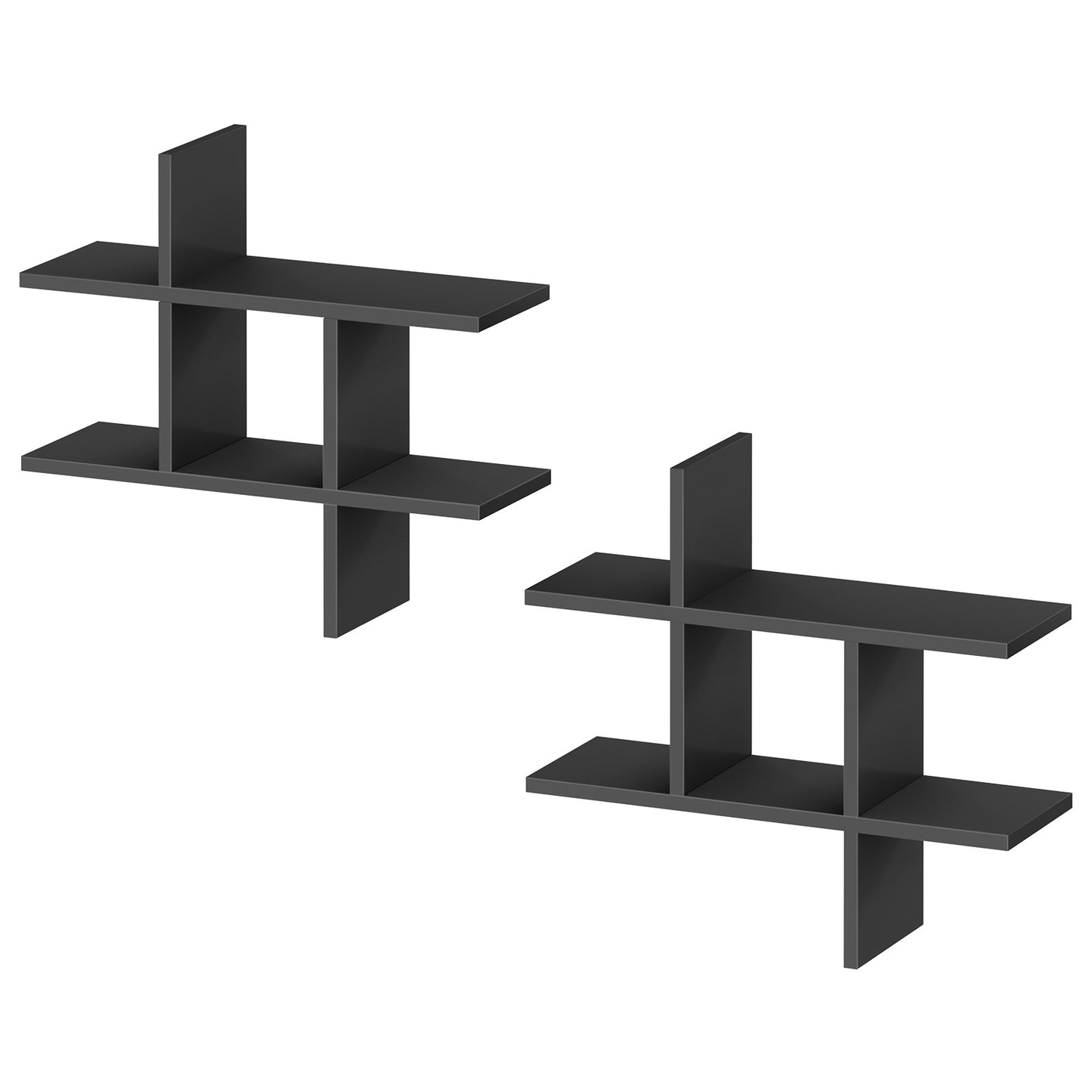 Front isometric view of two empty black wooden intersecting wall shelves before installation.