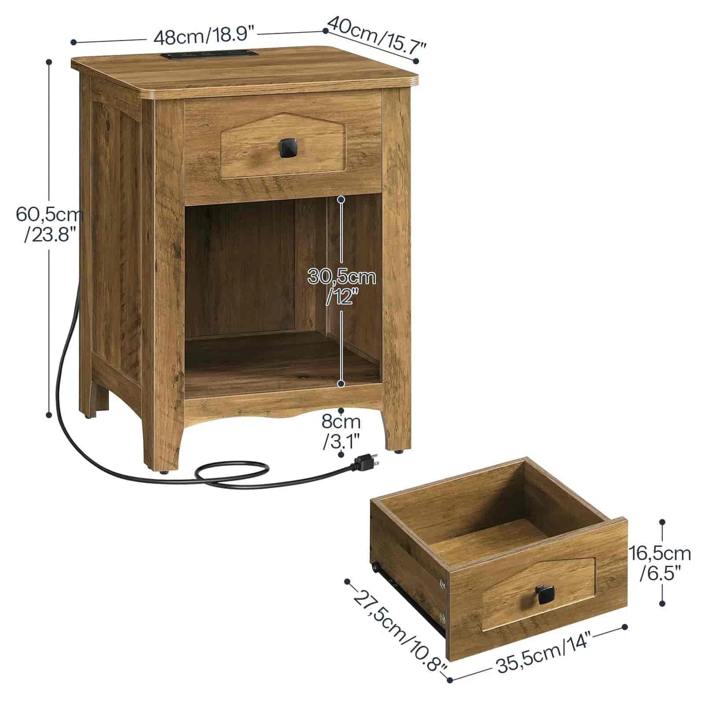 Wooden nightstand with dimensions labeled on a white background