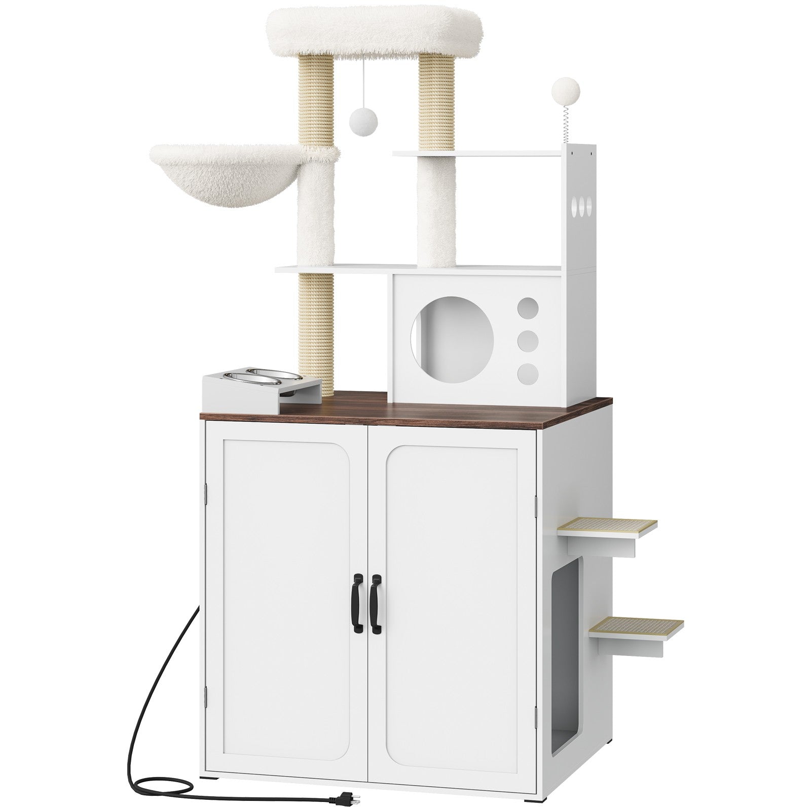 An empty modern white cat tower integrated with a litter box cabinet enclosure and a built-in power strip.