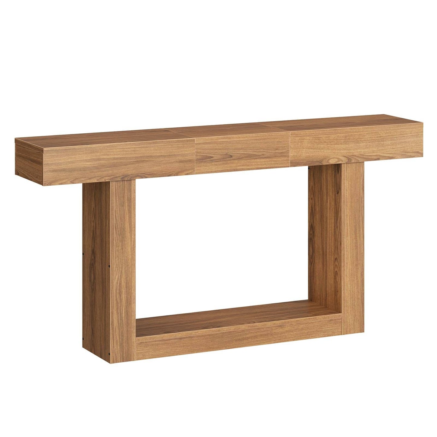 A modern wooden console table with a rectangular top, two drawers on the left side, and a U-shaped open base in a warm medium brown wood finish, shown on a plain white background.