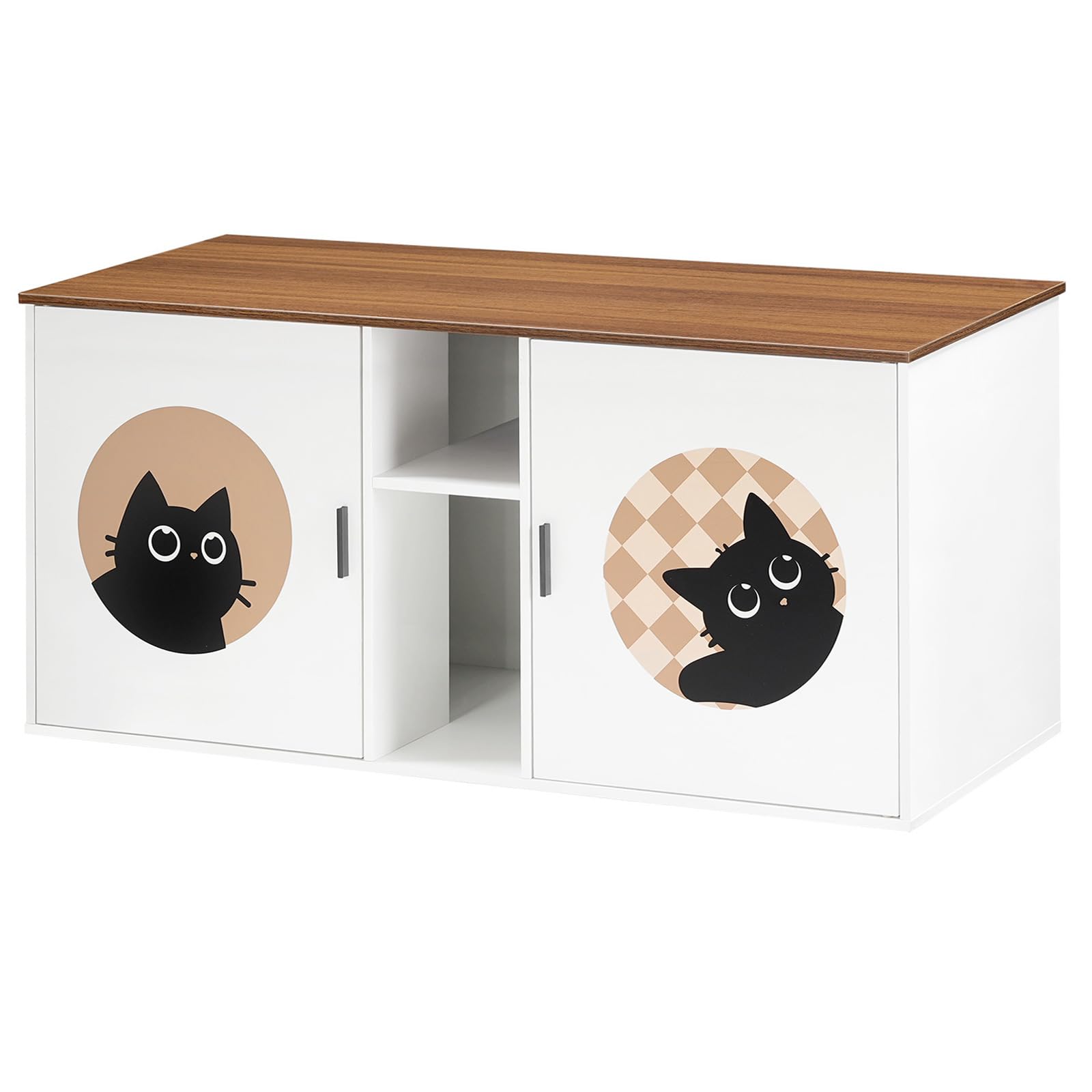 Modern farmhouse cat litter box enclosure cabinet standing stably on a white background with a wood grain top.
