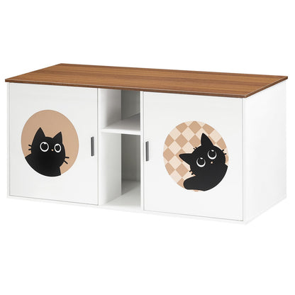 Modern farmhouse cat litter box enclosure cabinet standing stably on a white background with a wood grain top.