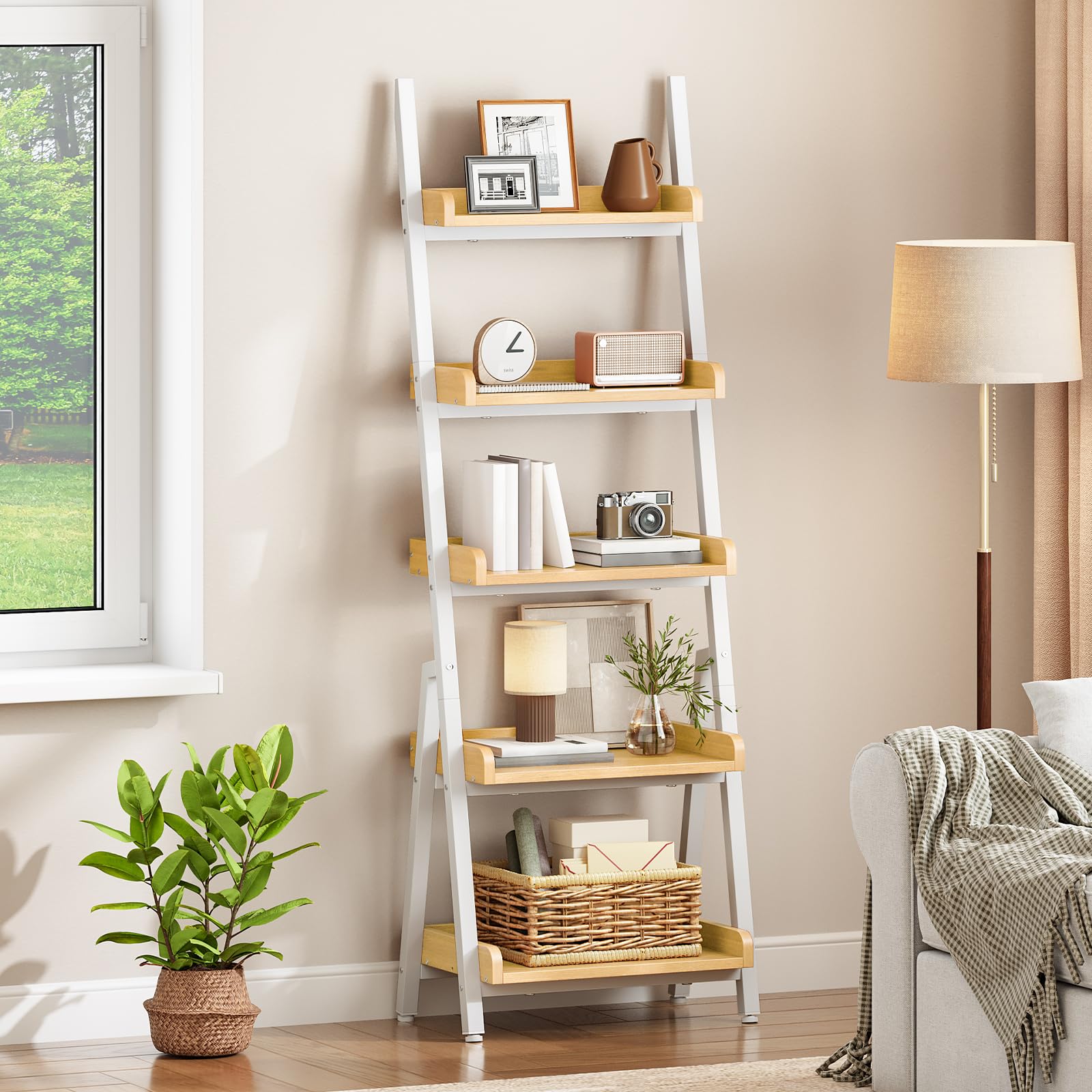 Leaning ladder shelf with decorative items in a room with a lamp and plant.