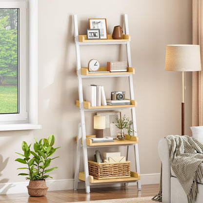 Leaning ladder shelf with decorative items in a room with a lamp and plant.