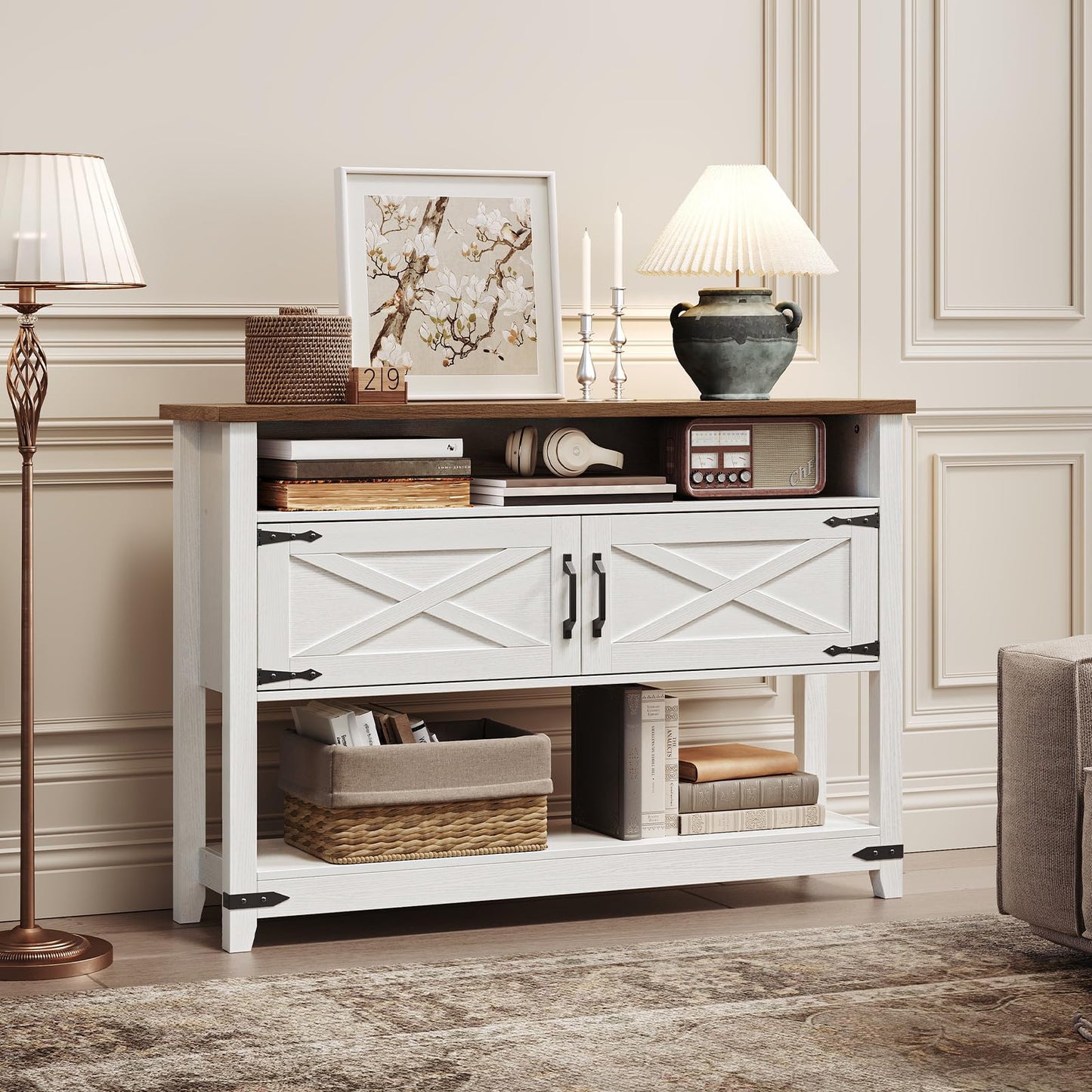 Modern farmhouse sideboard buffet cabinet used for storage in a bright living room
